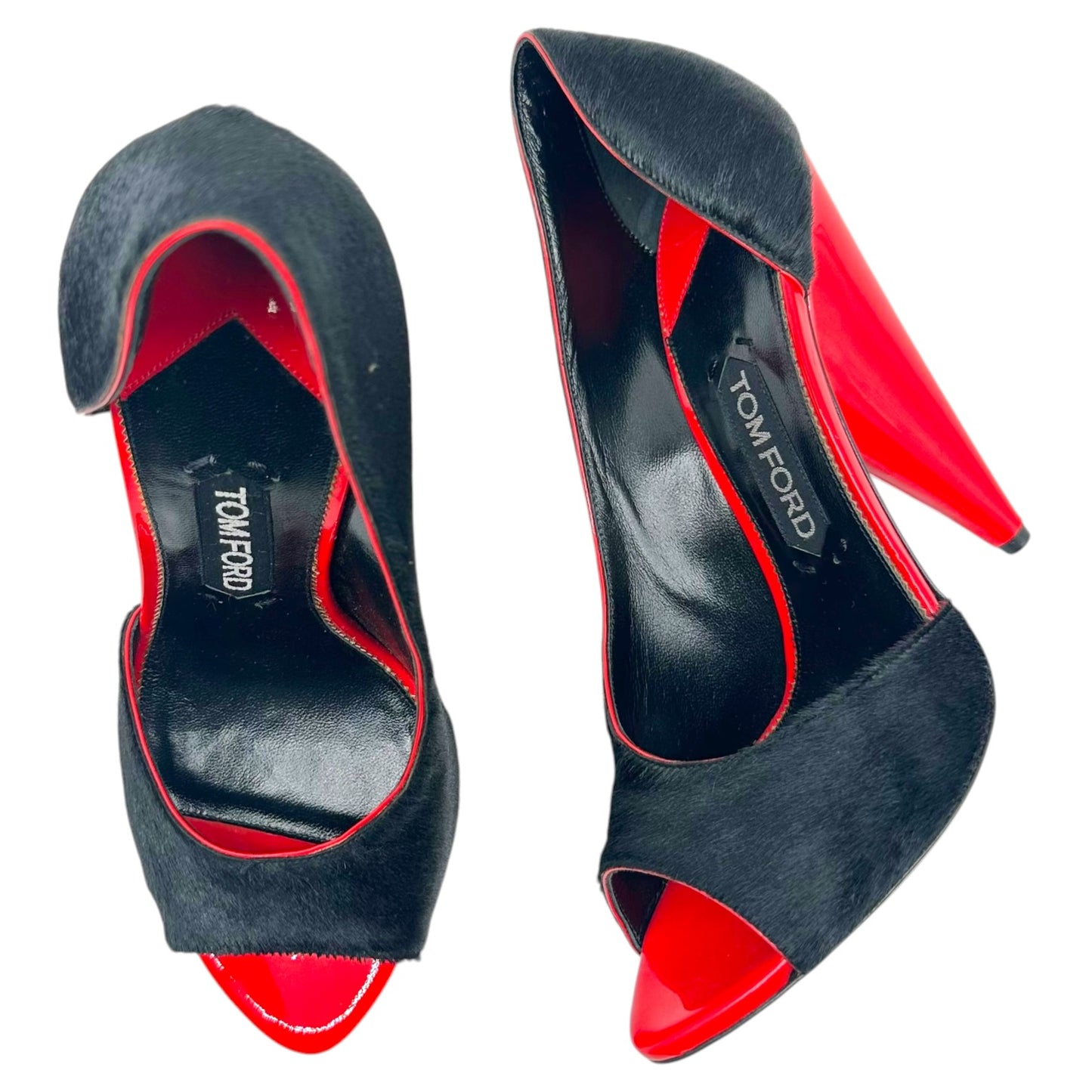 Tom Ford Black Ponyhair & Red Leather D'Orsay Peep-Toe Heels