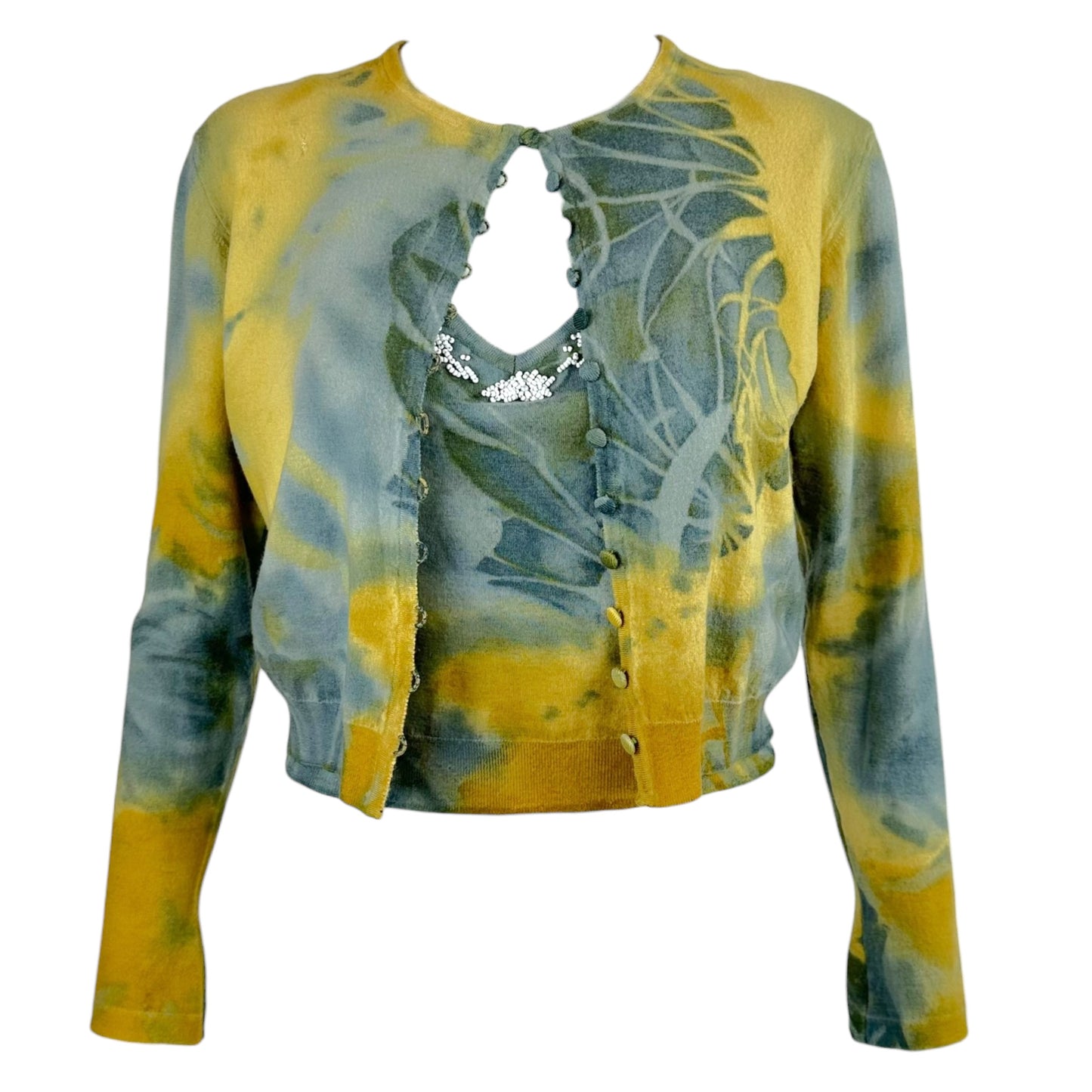 John Galliano Tie-Dye Beaded Cami Cardigan Set Beige Blue