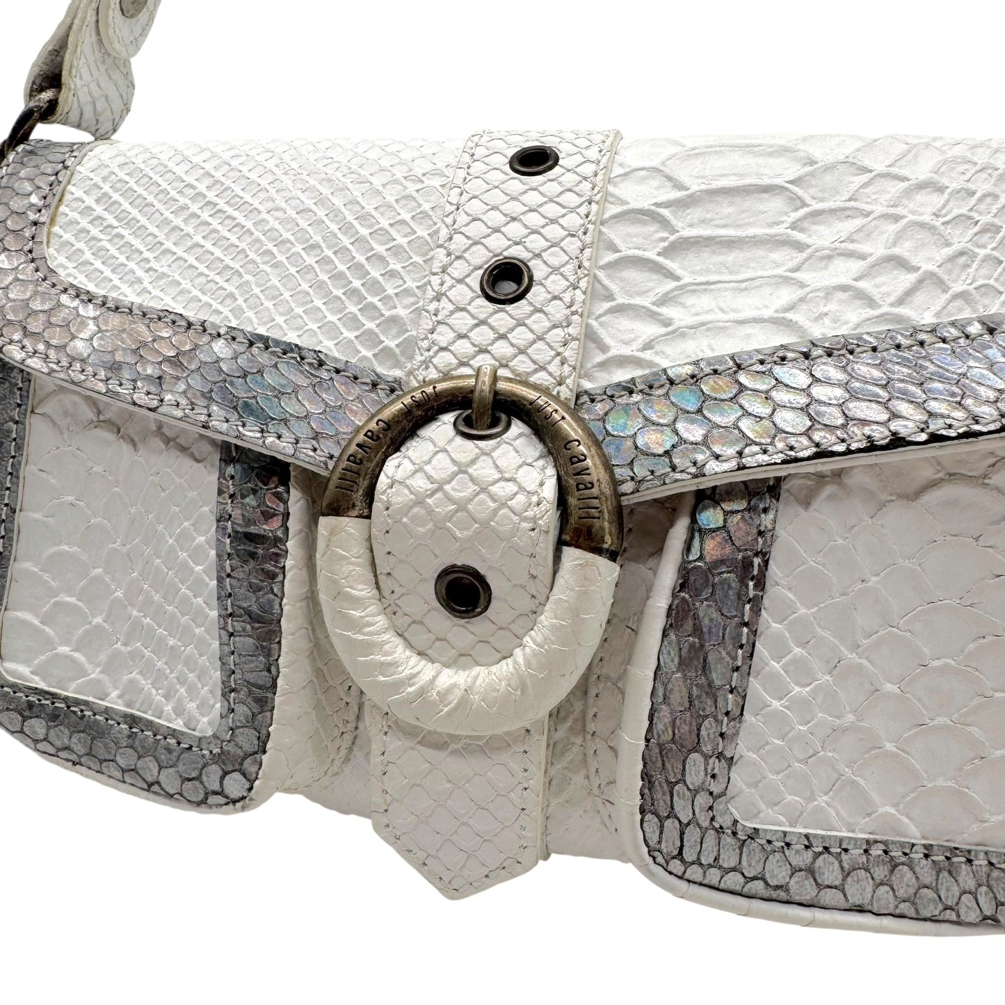 Just Cavalli White & Silver Faux Python Leather Shoulder Bag