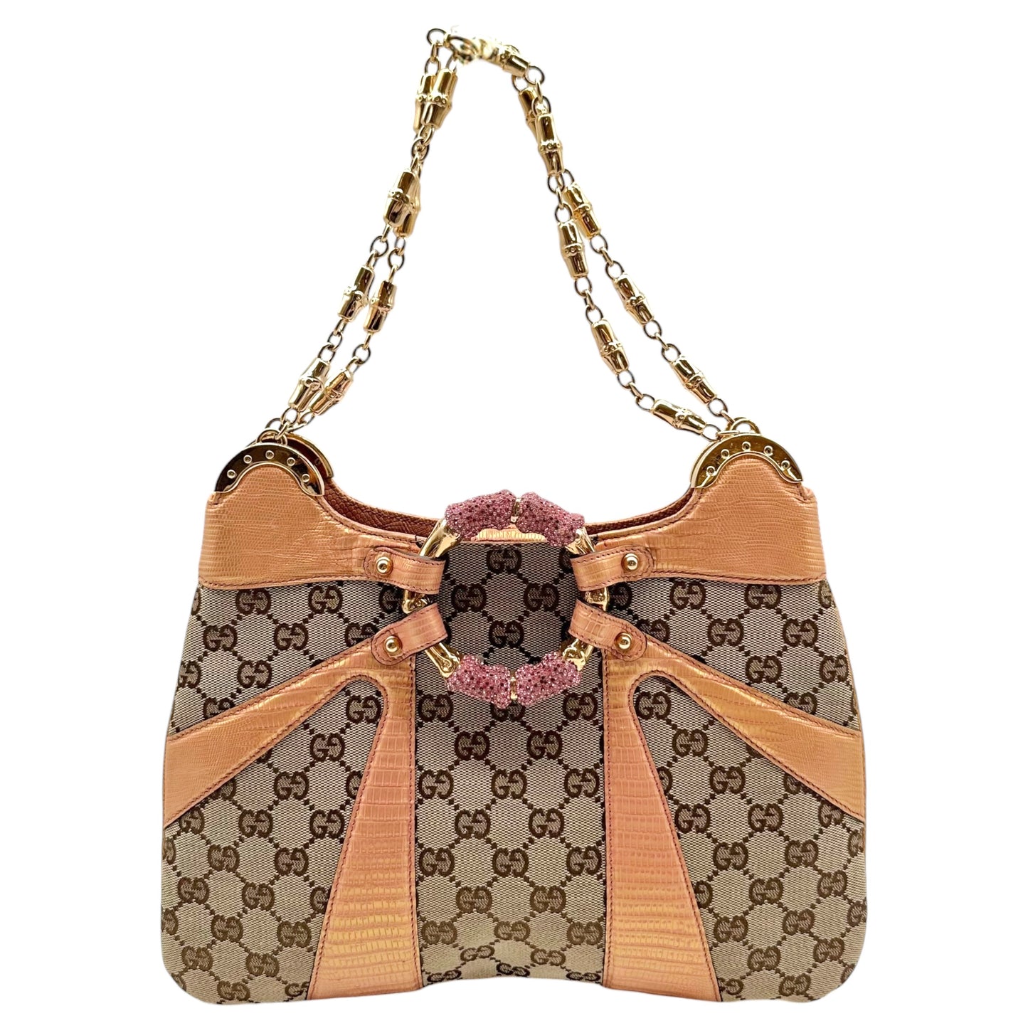Gucci by Tom Ford S/S 2004 Tan Monogram & Pink Lizard Skin Crystal Bamboo Shoulder Bag