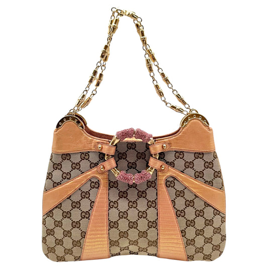 Gucci by Tom Ford S/S 2004 Tan Monogram & Pink Lizard Skin Crystal Bamboo Shoulder Bag