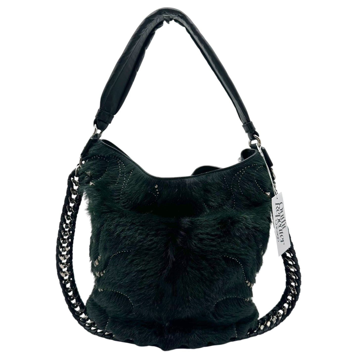 Roberto Cavalli F/W 2005 Dark Green & Gunmetal Gray Studded 2-Way Fur Bucket Bag
