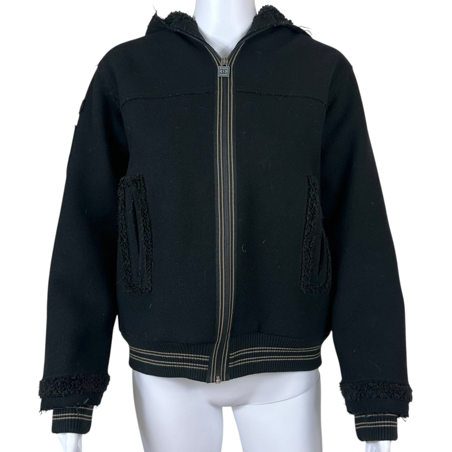 Chanel Sport Autumn 2005 Black Sherpa & Wool Hooded Bomber Jacket - Outfit Repeater