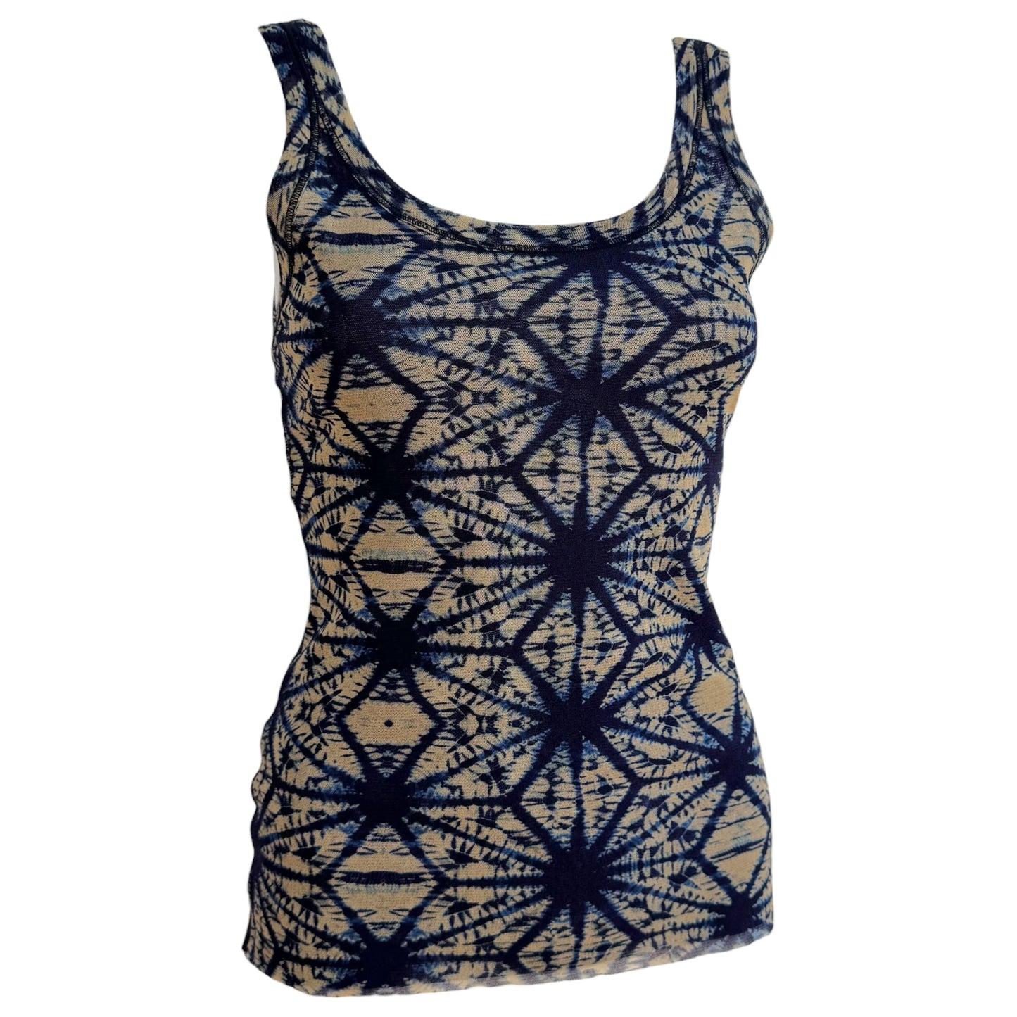 Jean Paul Gaultier Soleil Blue & Beige Tie Dye Print Mesh Tank