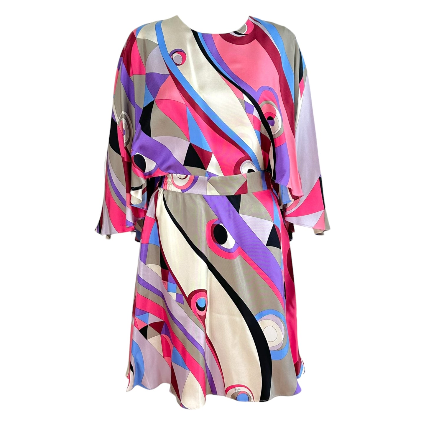 Emilio Pucci Mini Dress Pink Blue Printed Open Back Cape-Sleeve