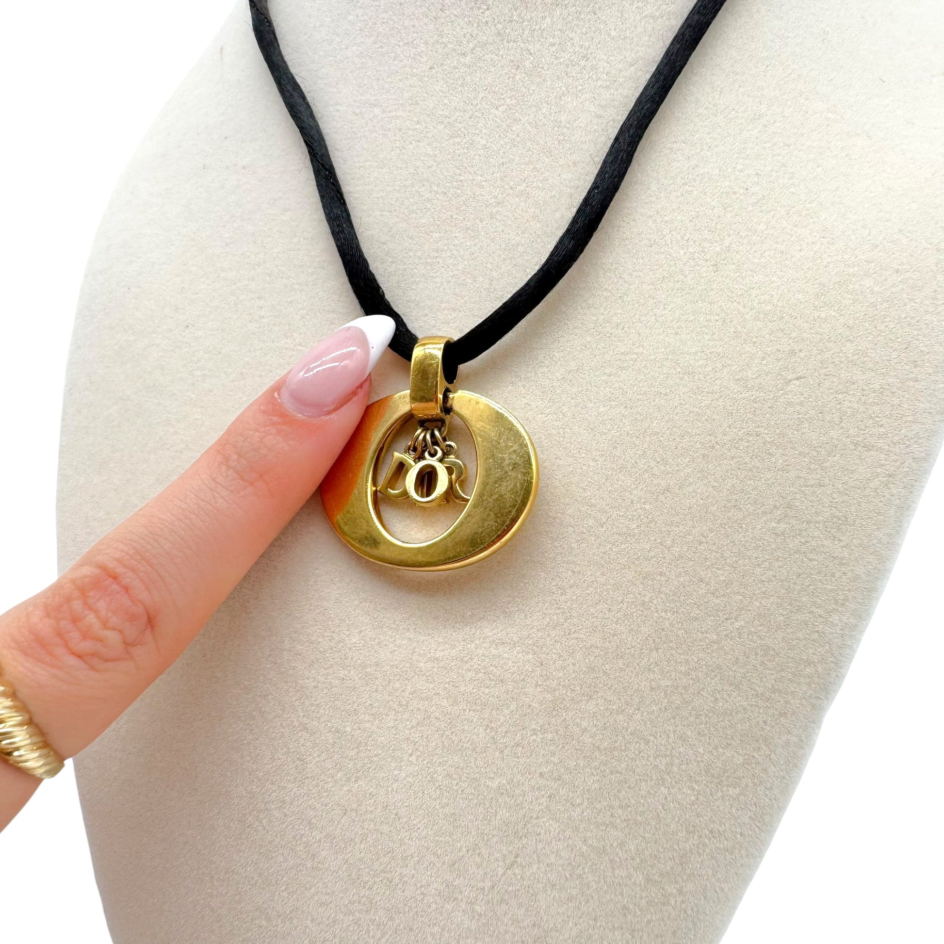 Christian Dior Black Cord Choker Necklace Gold Logo