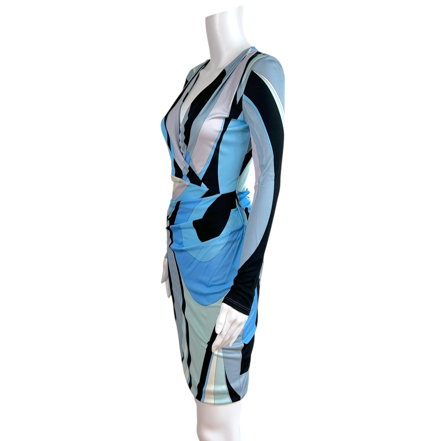 Emilio Pucci Wrap Style Midi Dress Blue Black Print