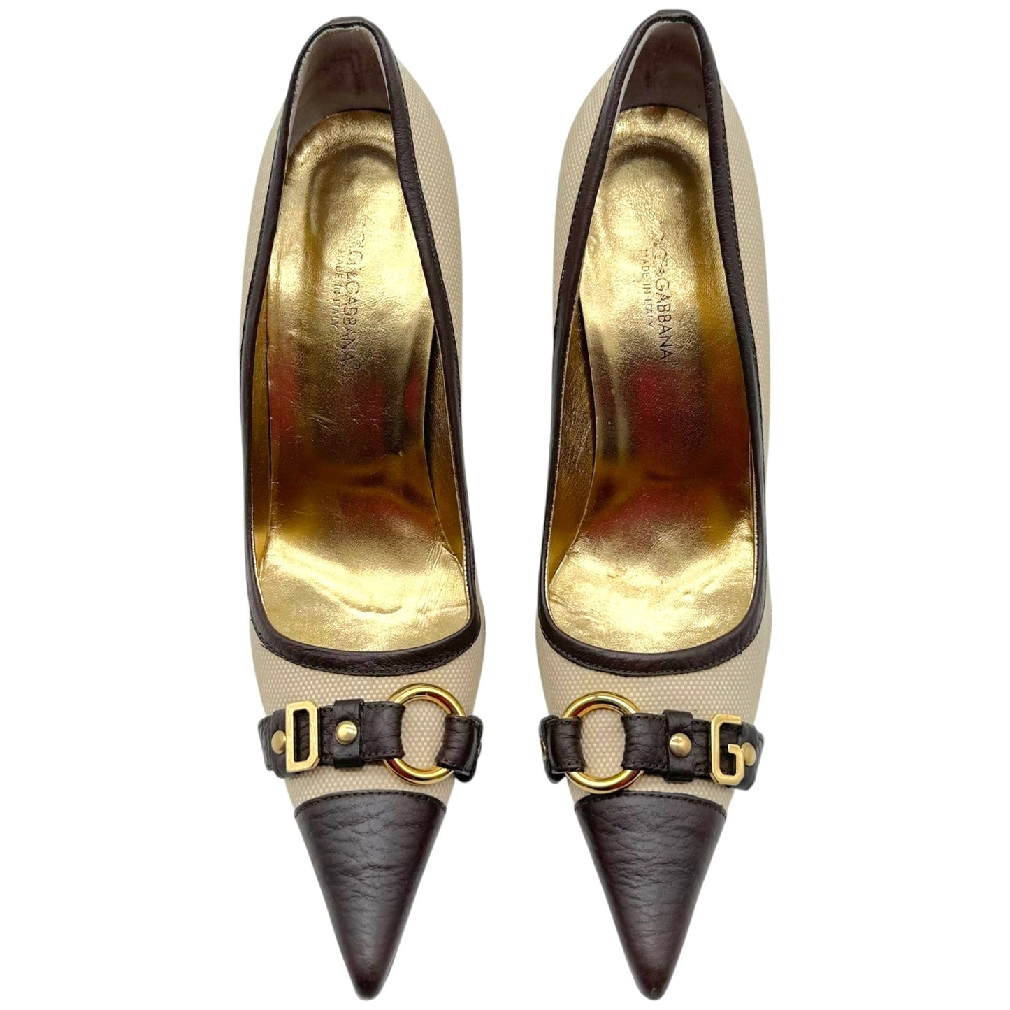 Dolce & Gabbana Ivory & Brown Canvas & Leather Gold Logo Charm Heels