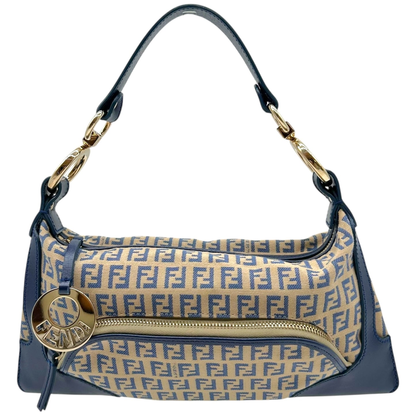 Fendi Blue Zucchino Monogram Leather Trim Shoulder Bag