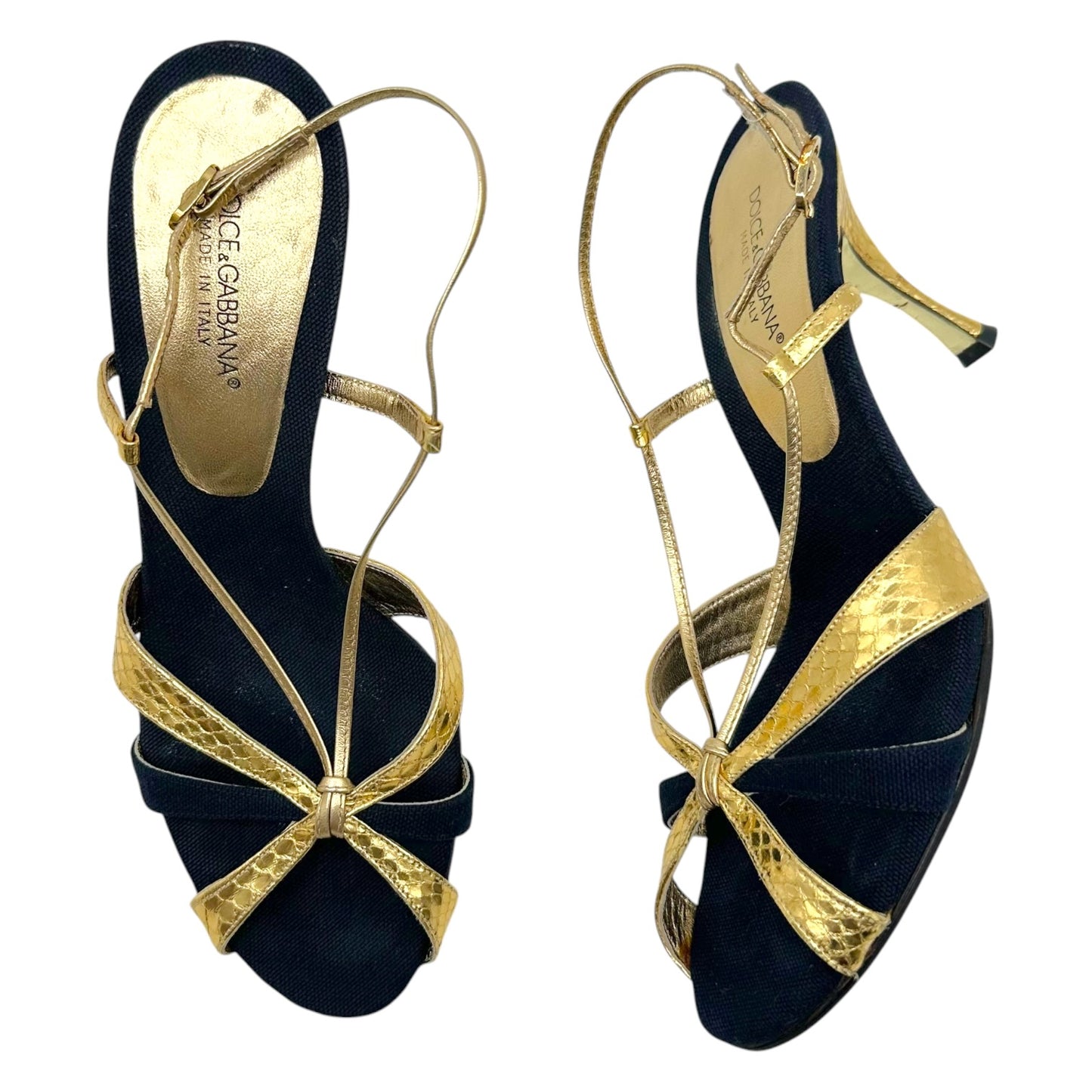 Dolce & Gabbana Dark Wash Denim Gold Python Strappy Heels