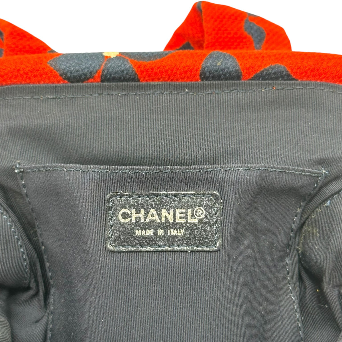 Chanel Kisslock Handbag Bright Red Navy Clover Print