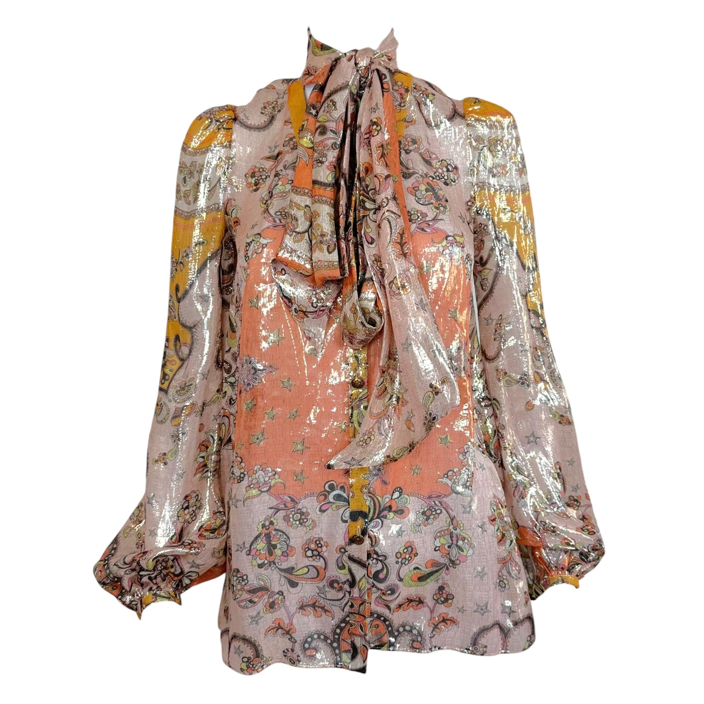 Emilio Pucci Silk Blouse Orange Pink Metallic Tie Neck