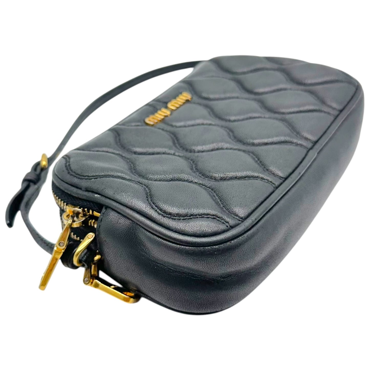 Miu Miu Black Gold Quilted Leather Mini Pochette Bag