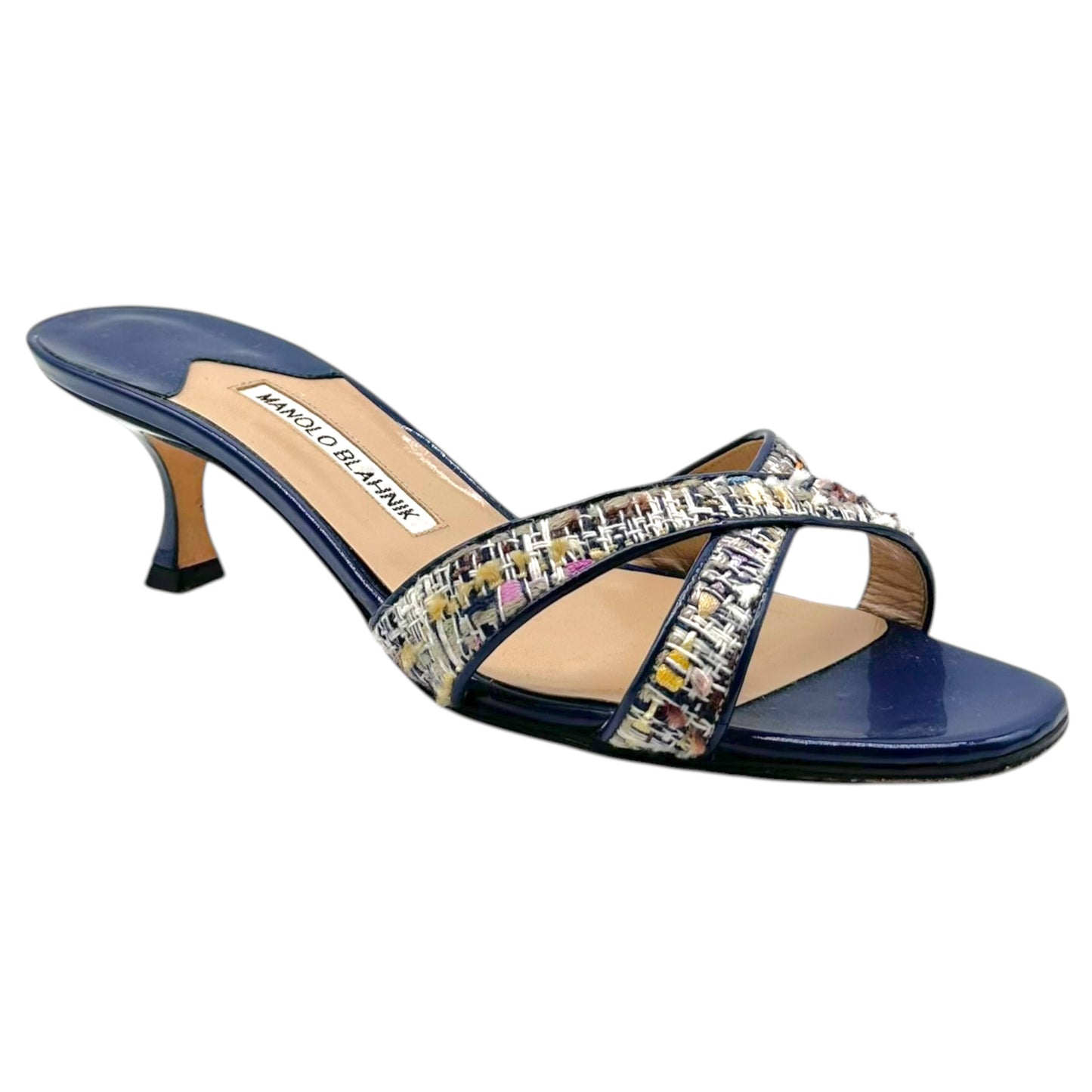 Manolo Blahnik Blue Patent & Multicolor Tweed Kitten Heel Sandal Mules