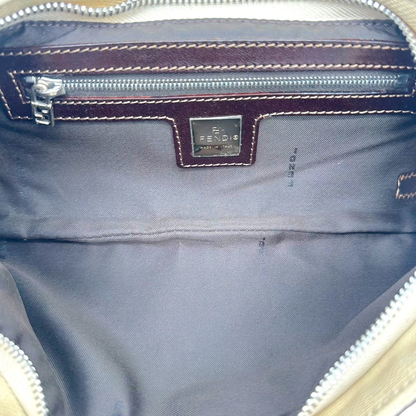 Fendi Ivory Zucca Monogram & Brown Leather Crossbody Baguette Bag