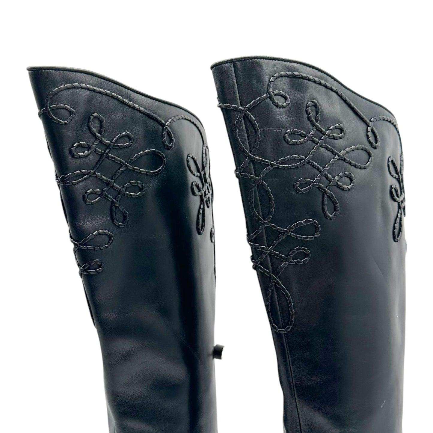 Sergio Rossi Black Braided Leather Embellished Heeled Boots