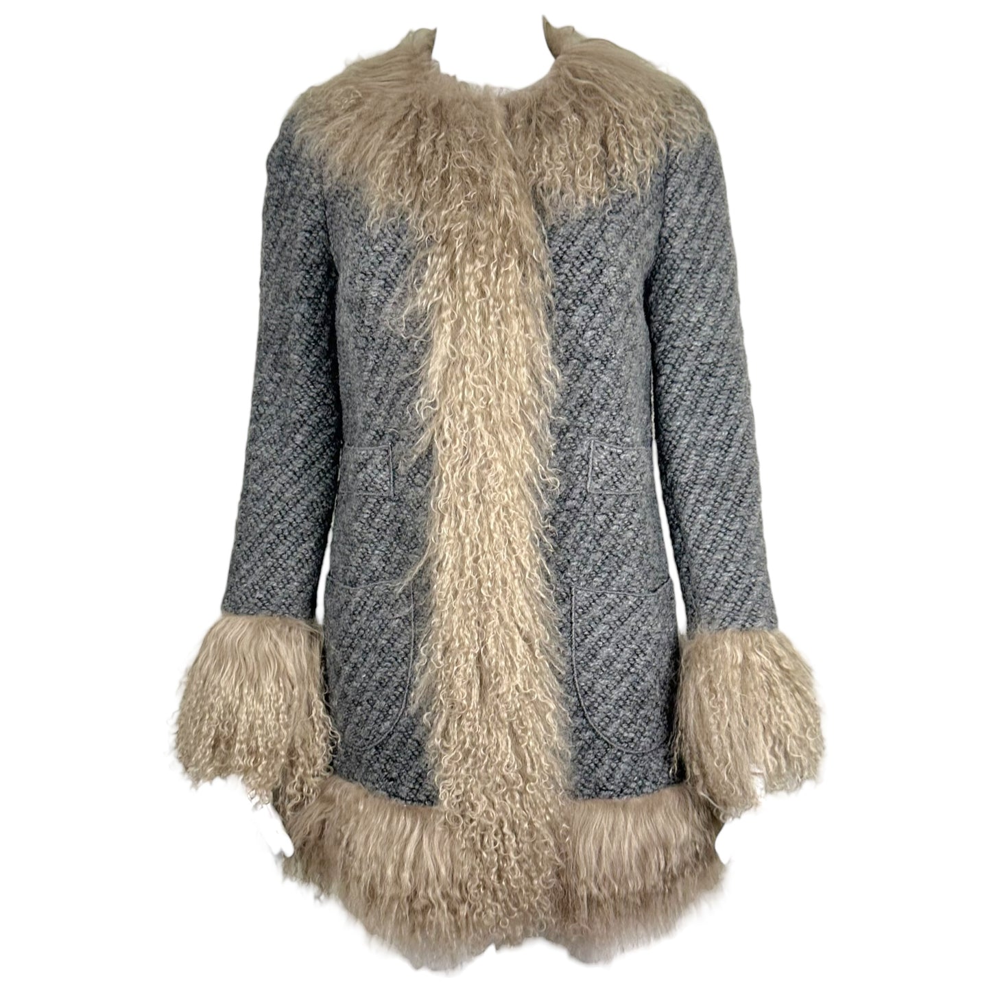 Dolce & Gabbana Gray Wool and Mongolian Lamb Fur Trim Afghan Coat