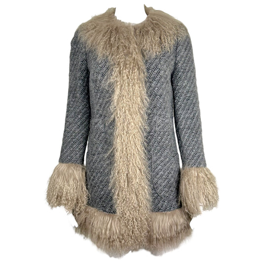 Dolce & Gabbana Gray Wool and Mongolian Lamb Fur Trim Afghan Coat