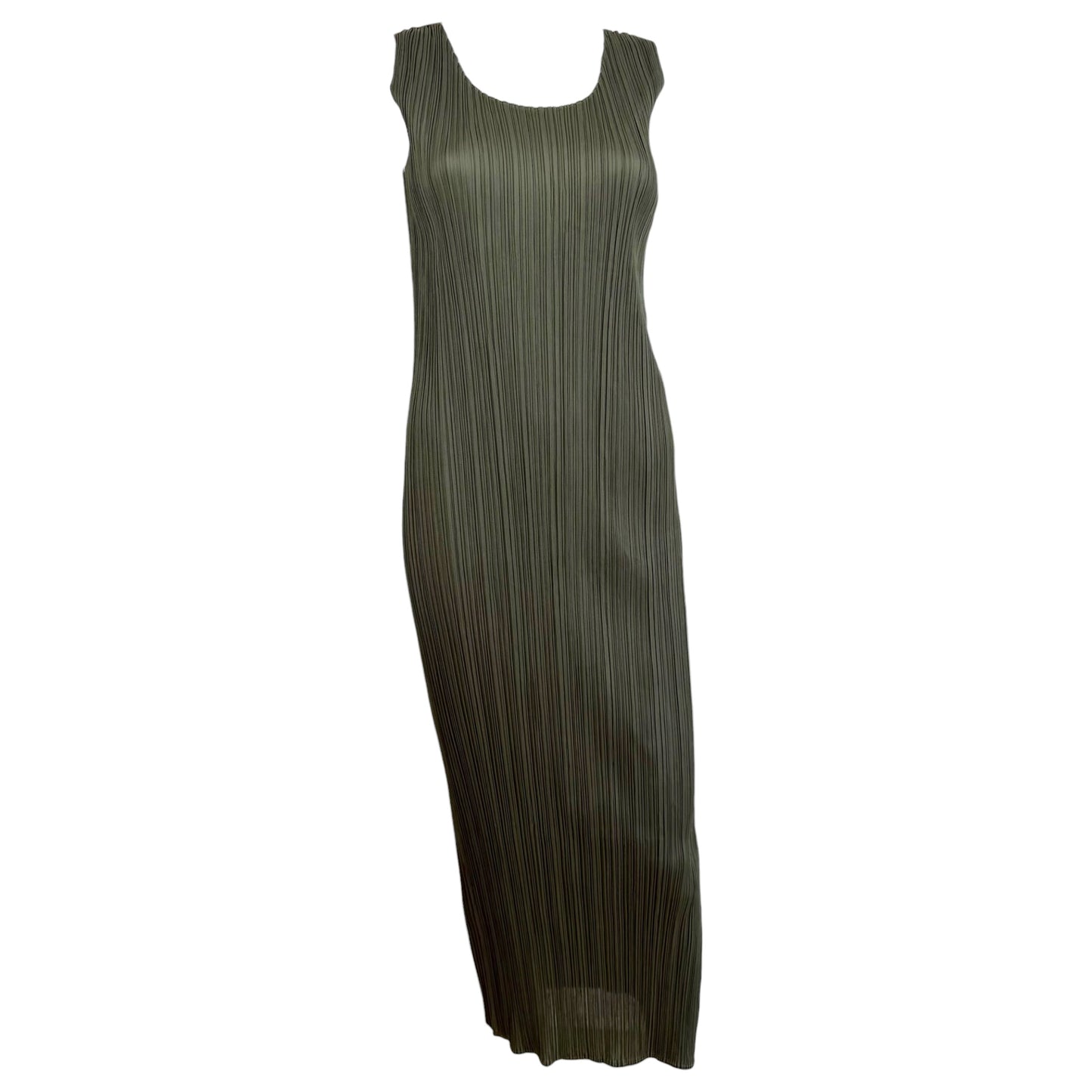 Issey Miyake Pleats Please Olive Green Pleated Maxi Dress Sz 2