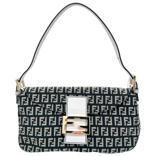 Fendi Black & White Zucchino Monogram Fold-Over Baguette Bag