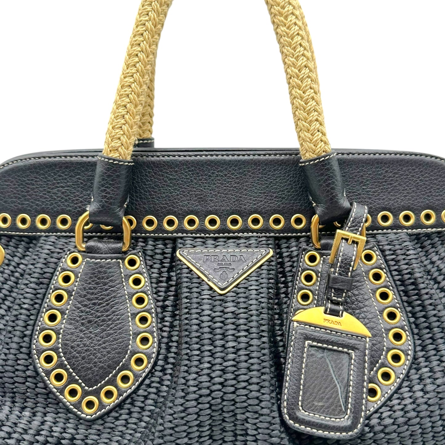 Prada Navy Blue Raffia Rivet Studded Doctors Handbag