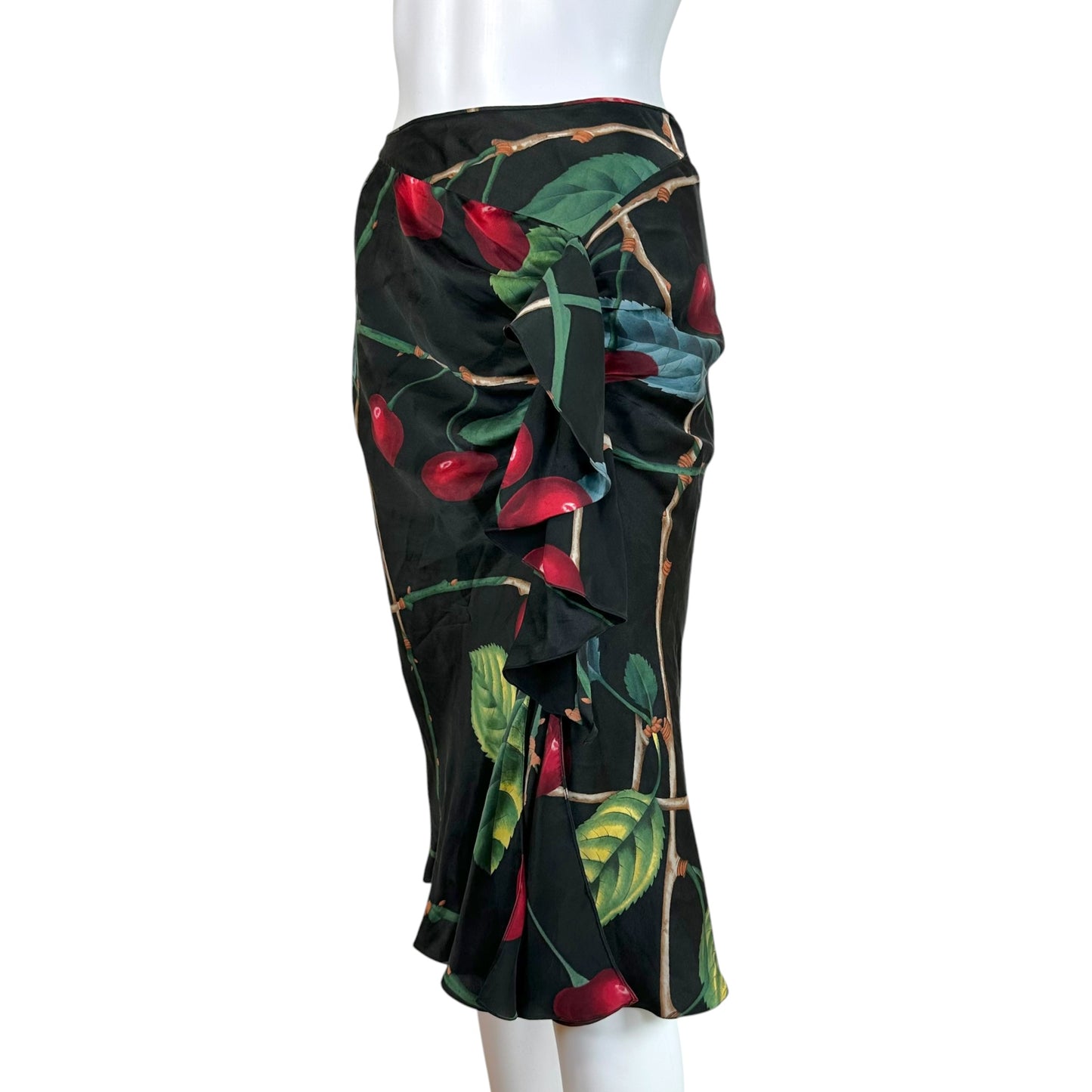 John Galliano Silk Midi Skirt Cherry Print Ruched Design