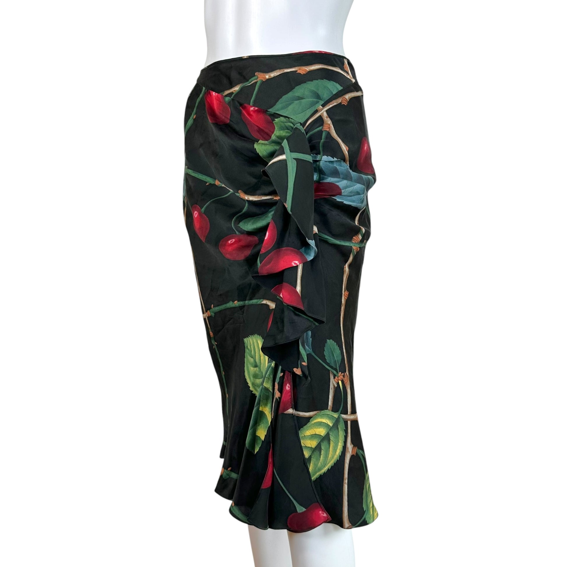 John Galliano Silk Midi Skirt Cherry Print Ruched Design