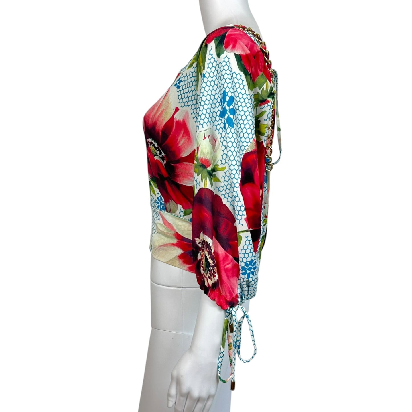 D&G Dolce & Gabbana Blue Floral Print Chain Embellished Crop Blouse Top