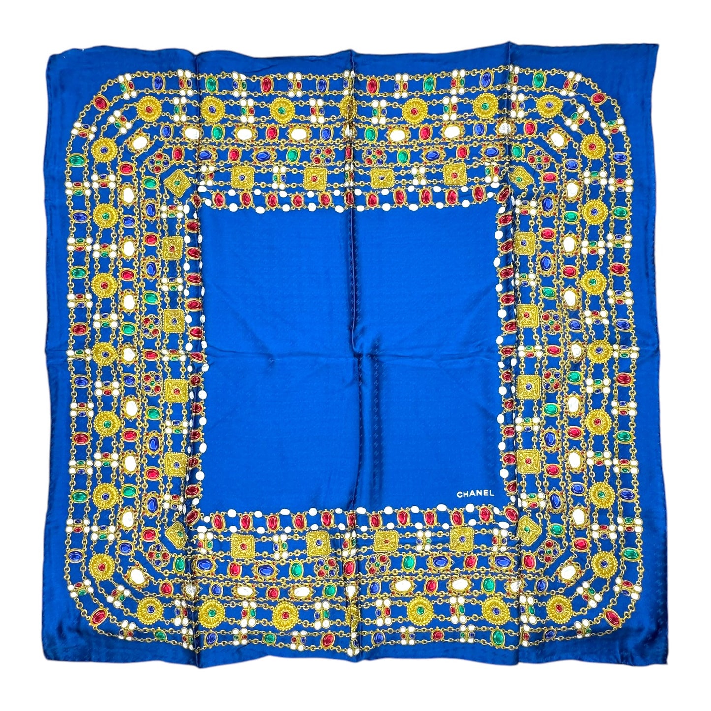 Chanel Silk Square Scarf Royal Blue Gold Jewelry Print