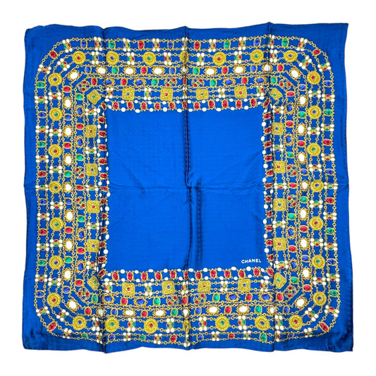 Chanel Silk Square Scarf Royal Blue Gold Jewelry Print