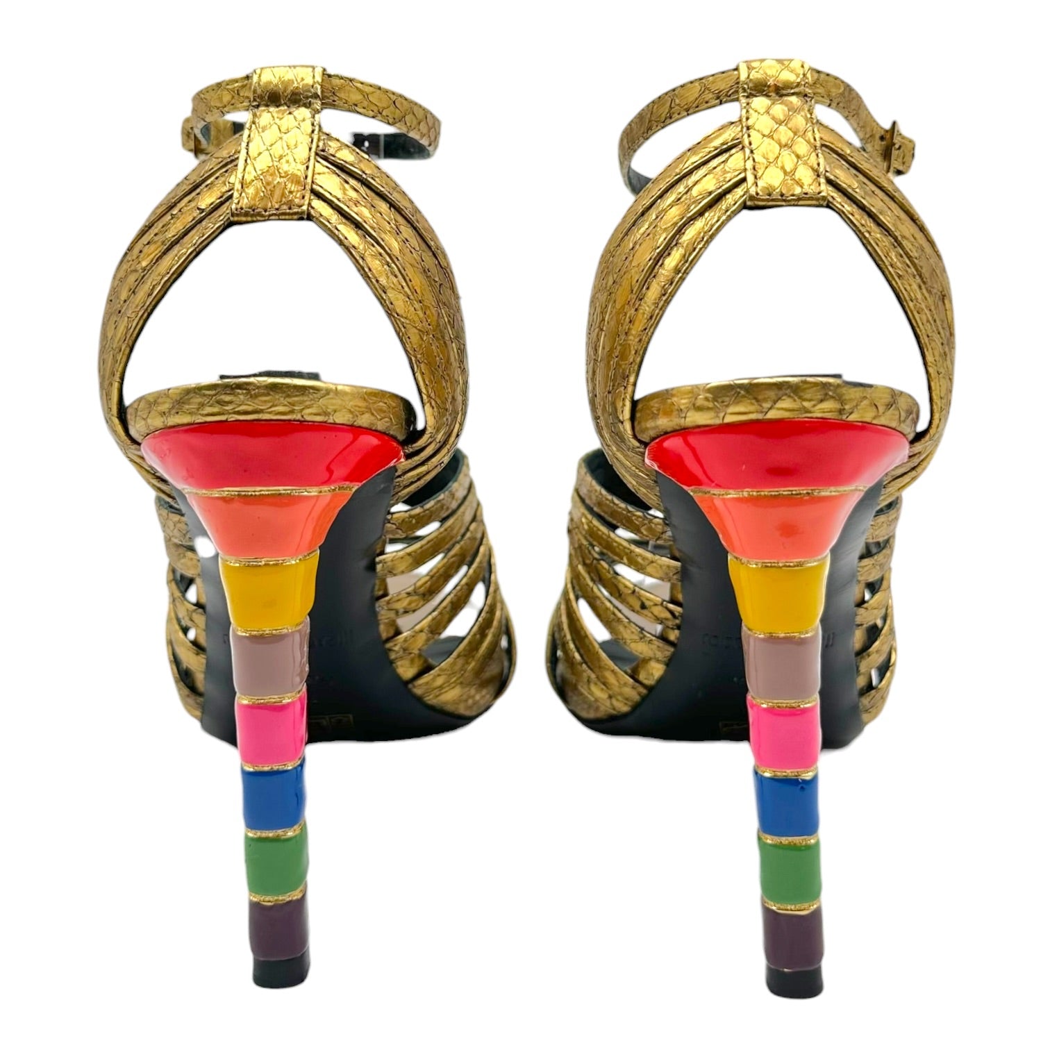 Roberto Cavalli Gold Snakeskin Strappy Sandals