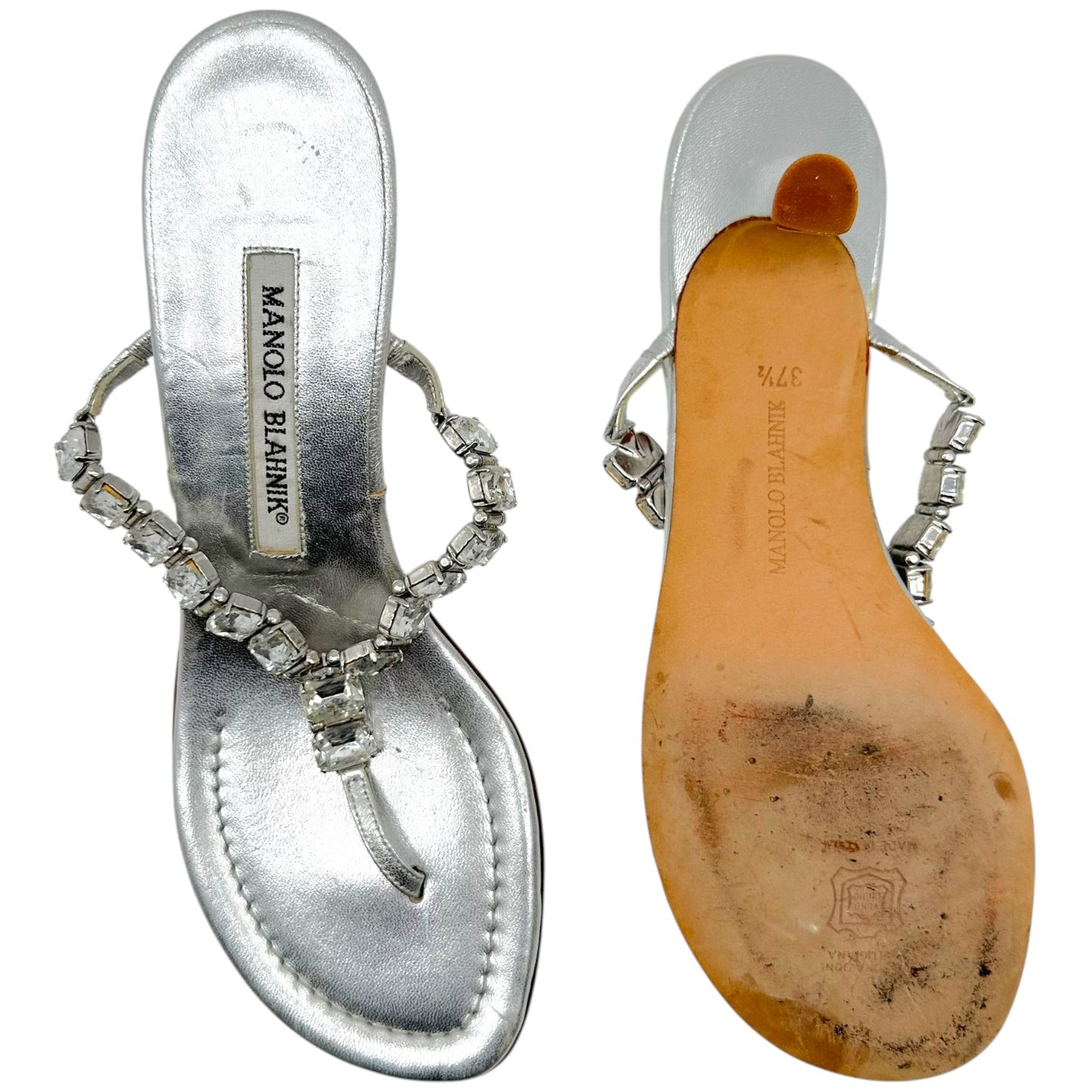 Manolo Blahnik Silver Crystal Embellished Kitten Heel Flip Flops