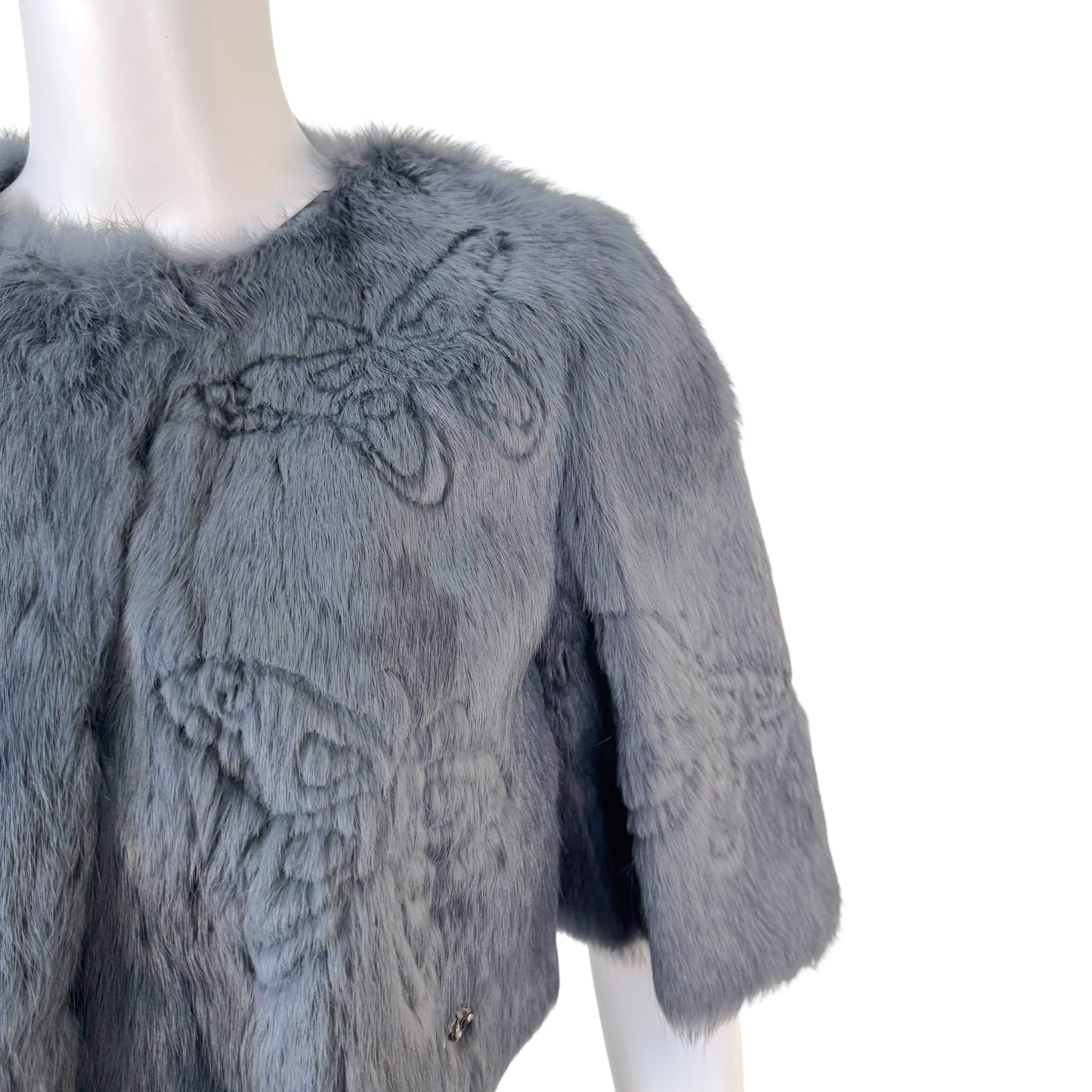 Galliano Gray Butterfly Print Rabbit Fur Cropped Jacket - Outfit Repeater