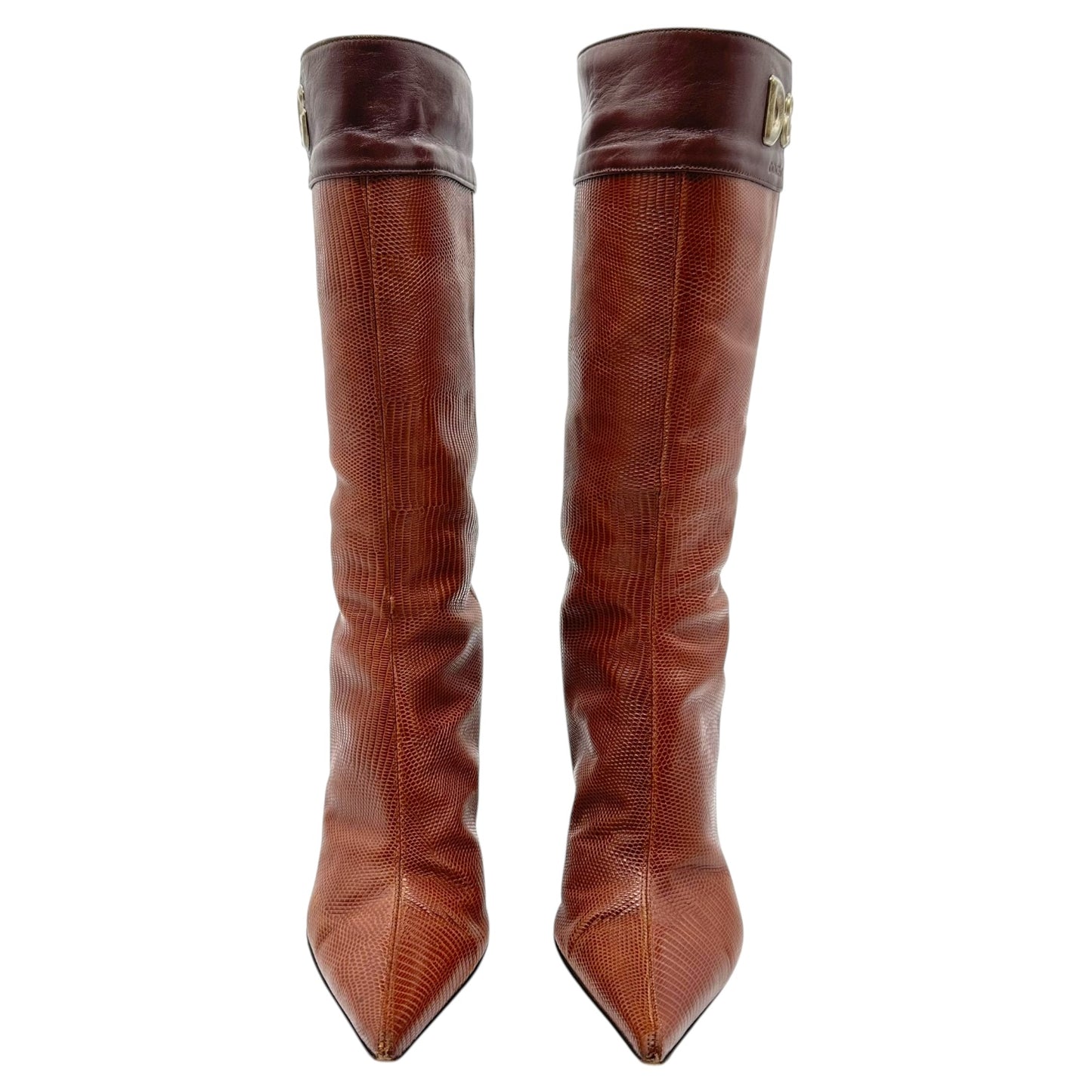 D&G Dolce & Gabbana Brown Lizard Skin Logo Boots