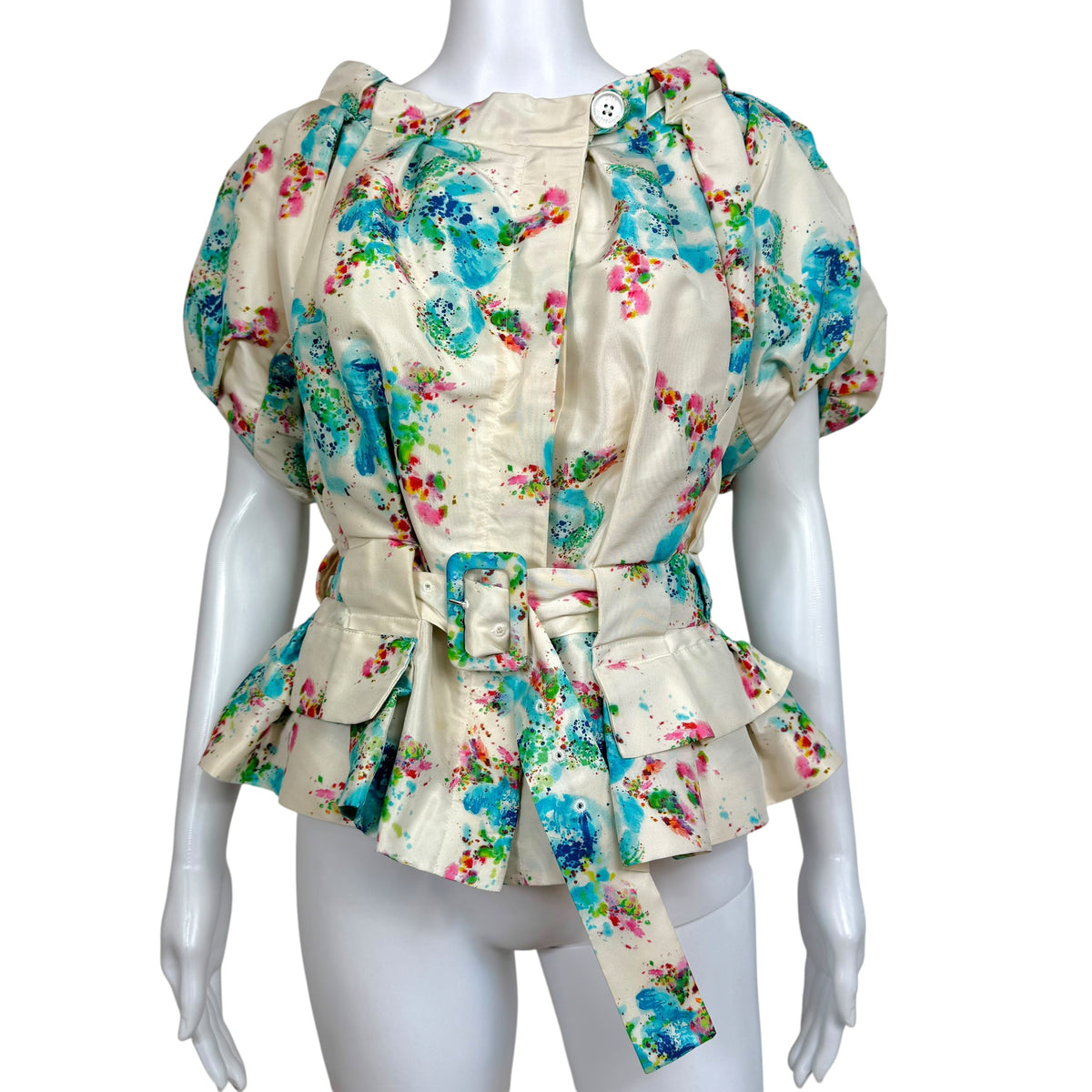 John Galliano Silk Jacket White Turquoise Multi Spot Print