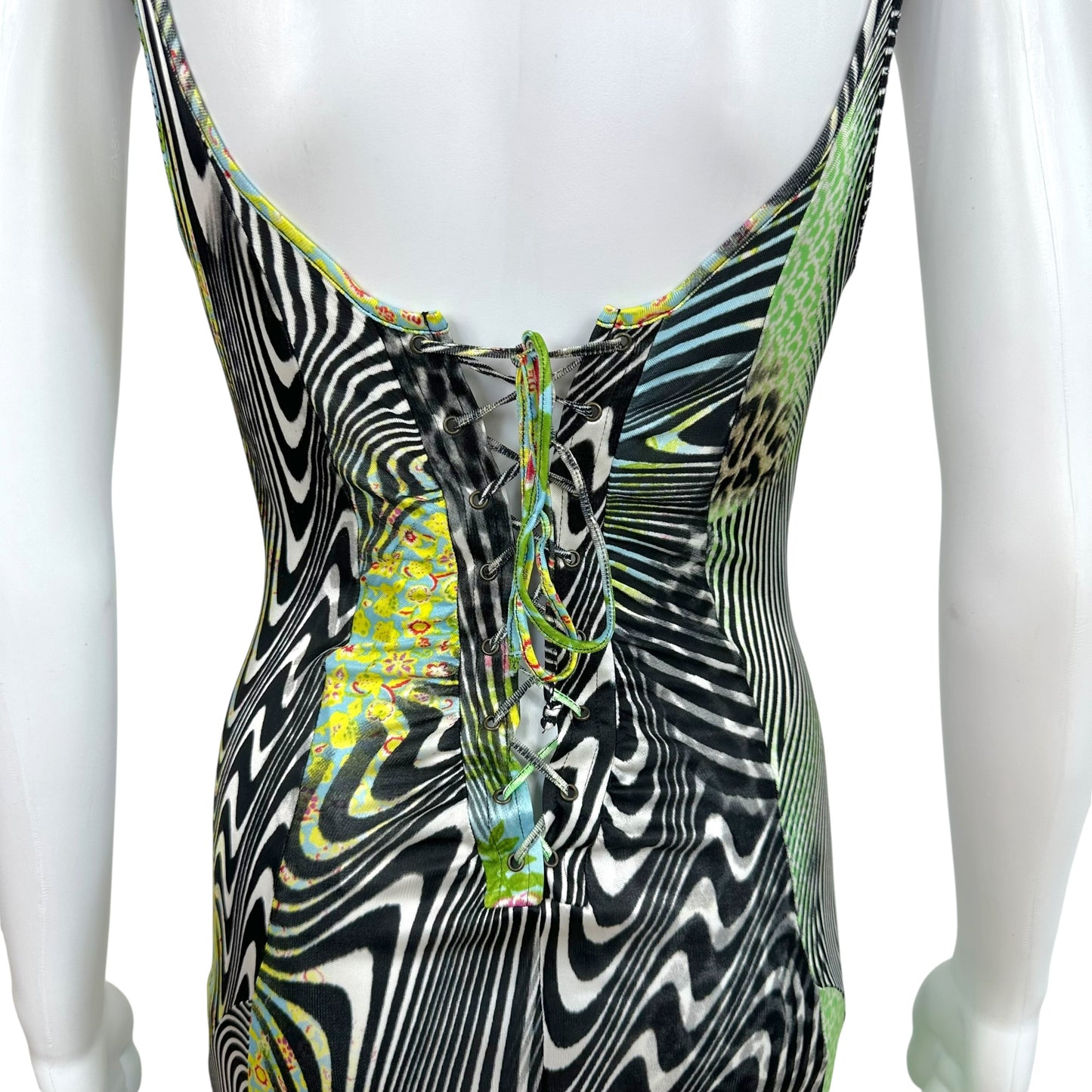 Roberto Cavalli Class Psychedelic Swirl & Floral Print Lace-Up Back Midi Dress