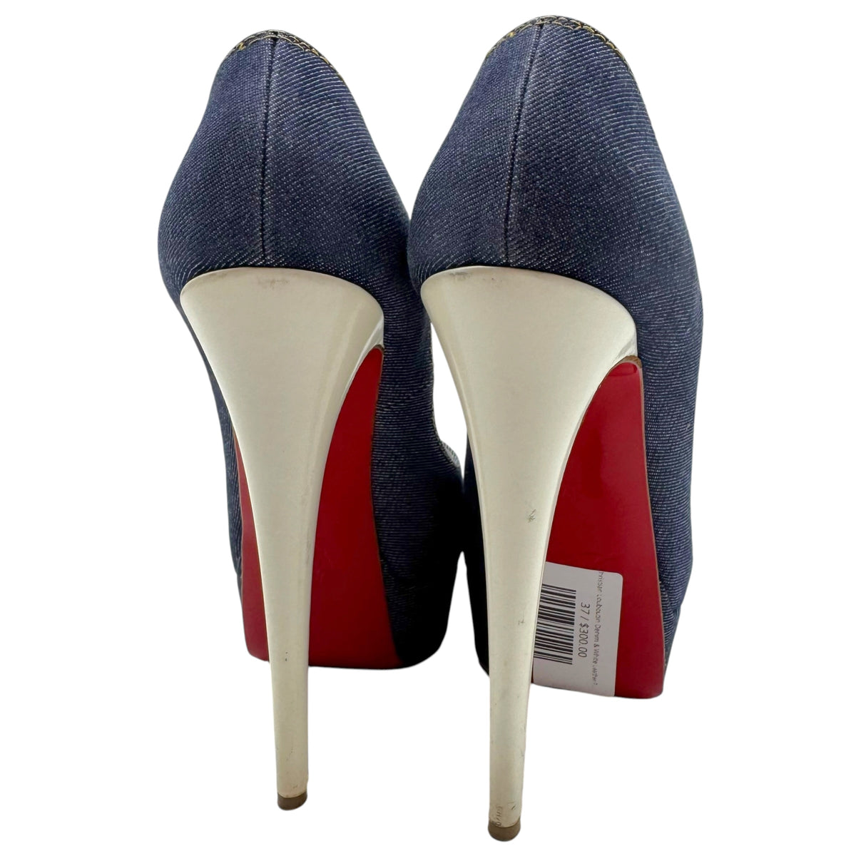 Christian Louboutin Denim & White Leather Peep Toe Platform Pumps