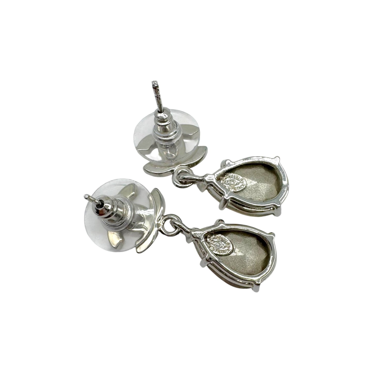Chanel Teardrop Earrings Silver Yellow Crystal CC Logo