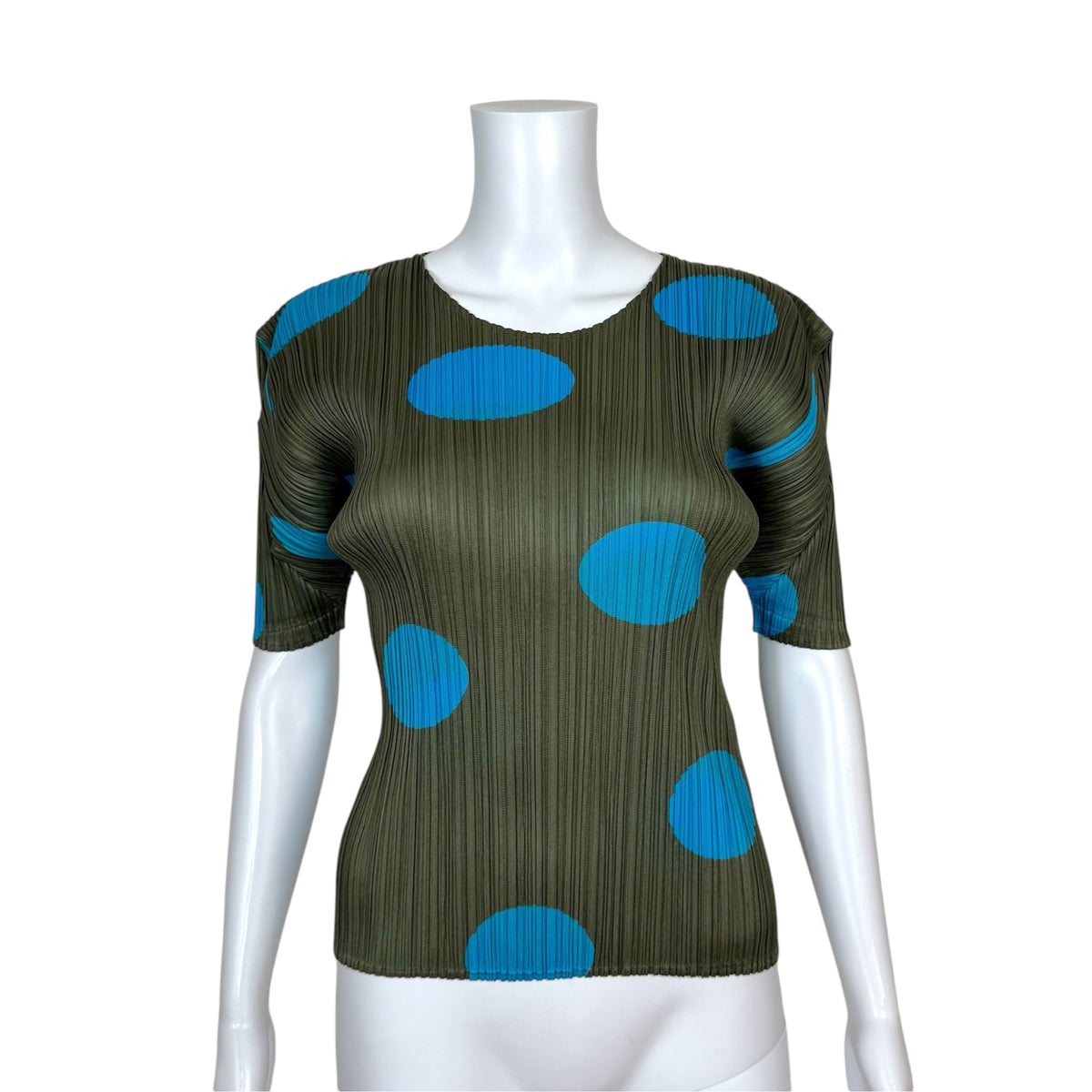 Issey Miyake Pleats Please Khaki Green & Turquoise Polka Dot Print Short Sleeve To Sz 3
