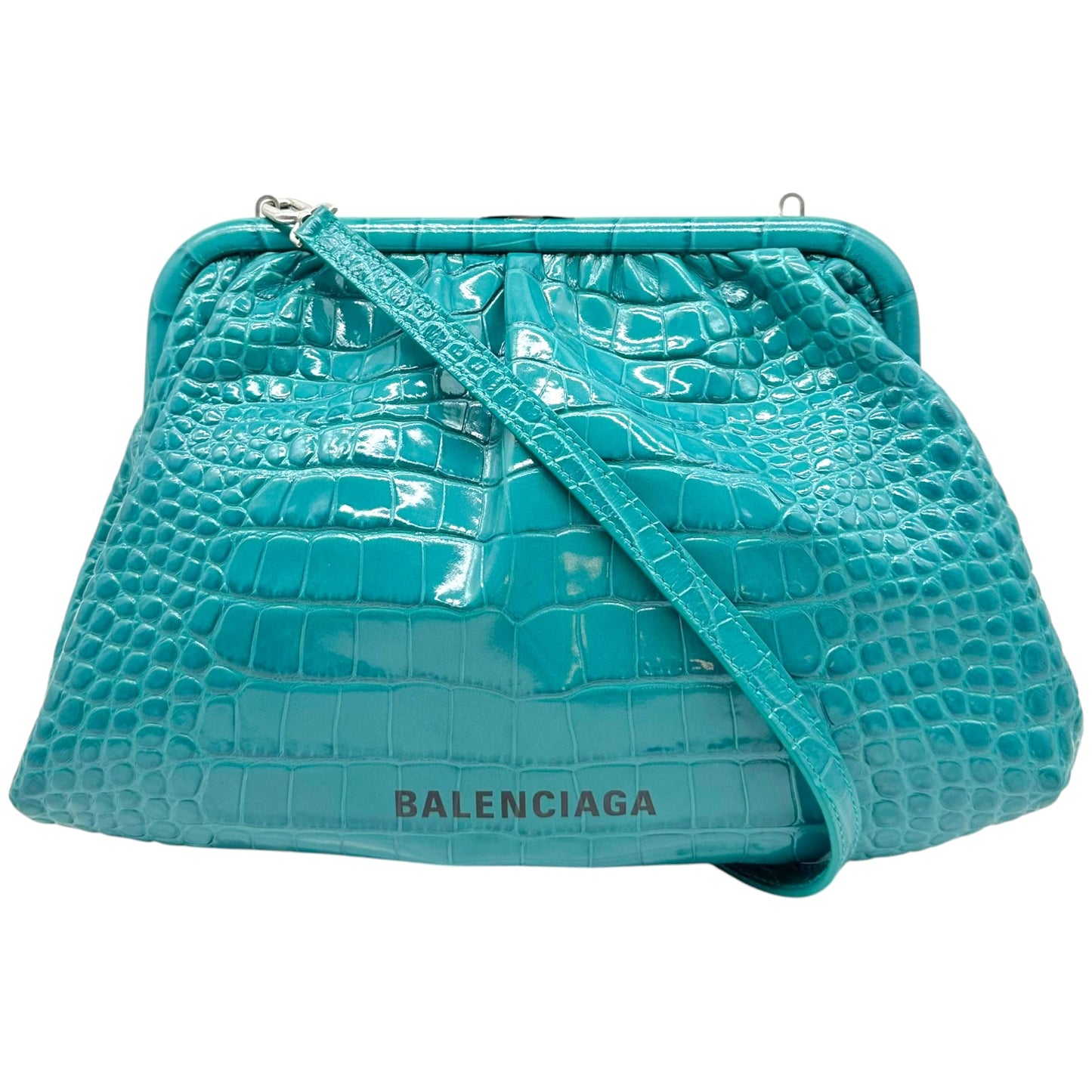 Balenciaga Turquoise Blue Croc Embossed Kisslock Shoulder Bag