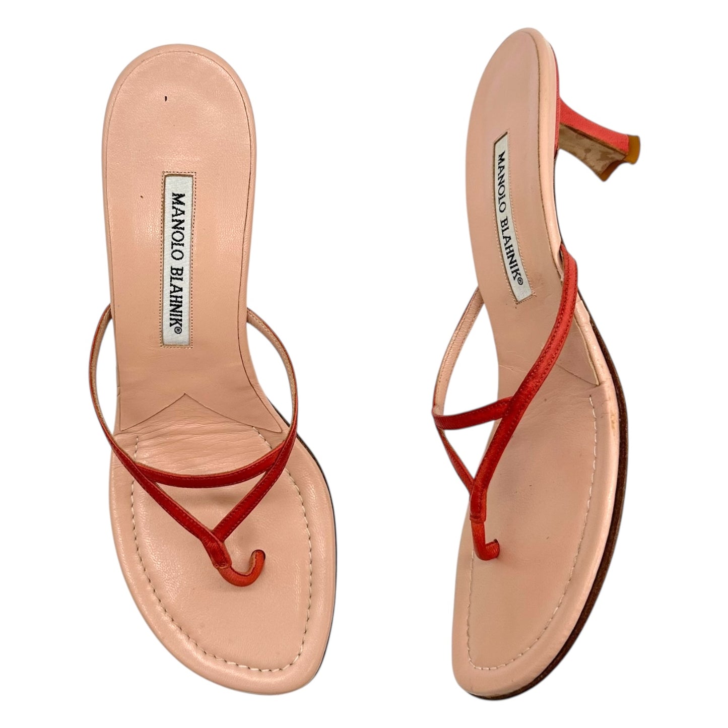 Manolo Blahnik Pink Leather Kitten Heel Flip Flops - Outfit Repeater