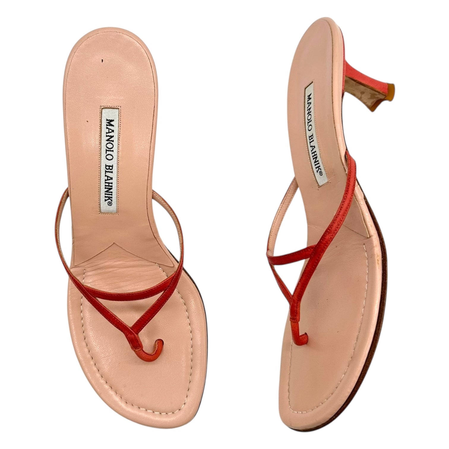 Manolo Blahnik Pink Leather Kitten Heel Flip Flops - Outfit Repeater