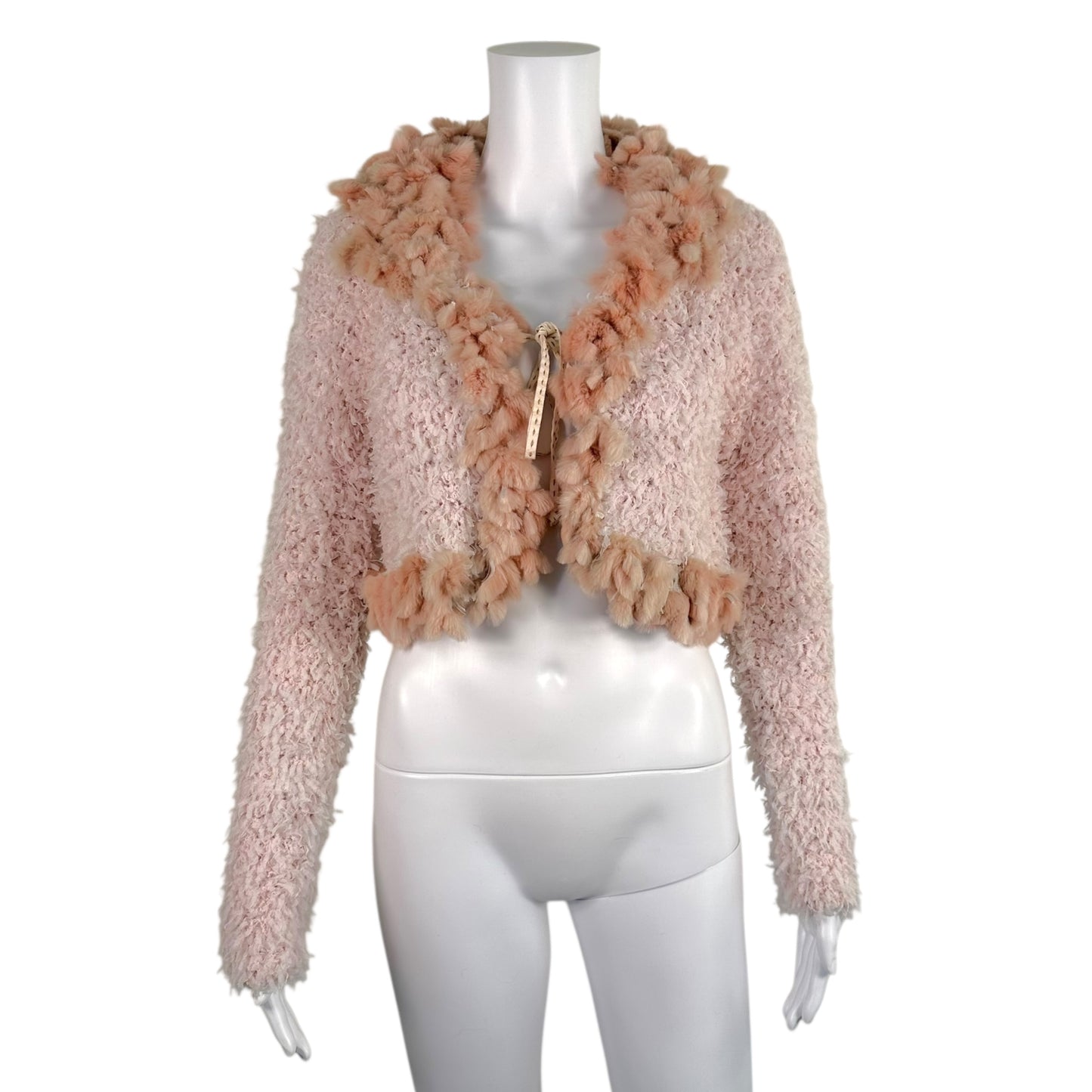 Fendi Pink Rabbit Fur Trim Cropped Knit Cardigan