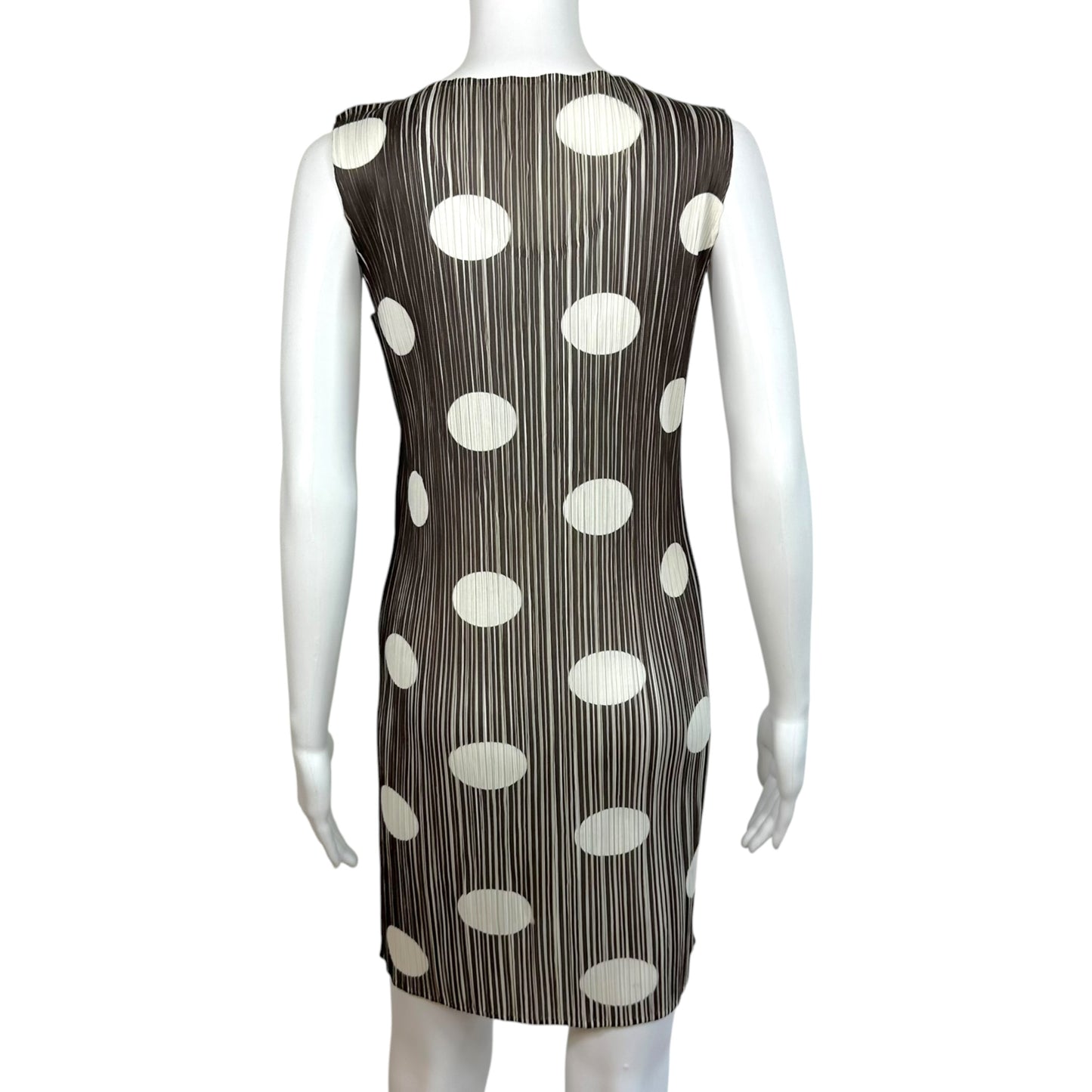 Issey Miyake Pleats Please Brown & White Polka Dot Print Pleated Mini Dress