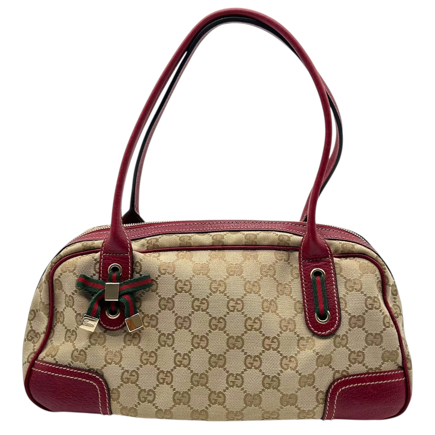 Gucci Tan Monogram & Burgundy Leather Bowler Bag