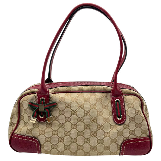 Gucci Tan Monogram & Burgundy Leather Bowler Bag