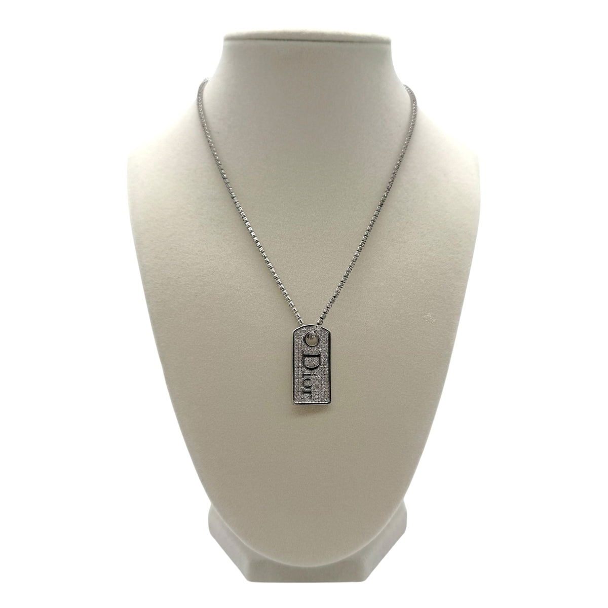 Christian Dior Silver Rhinestone Tennis Chain Logo Tag Necklace