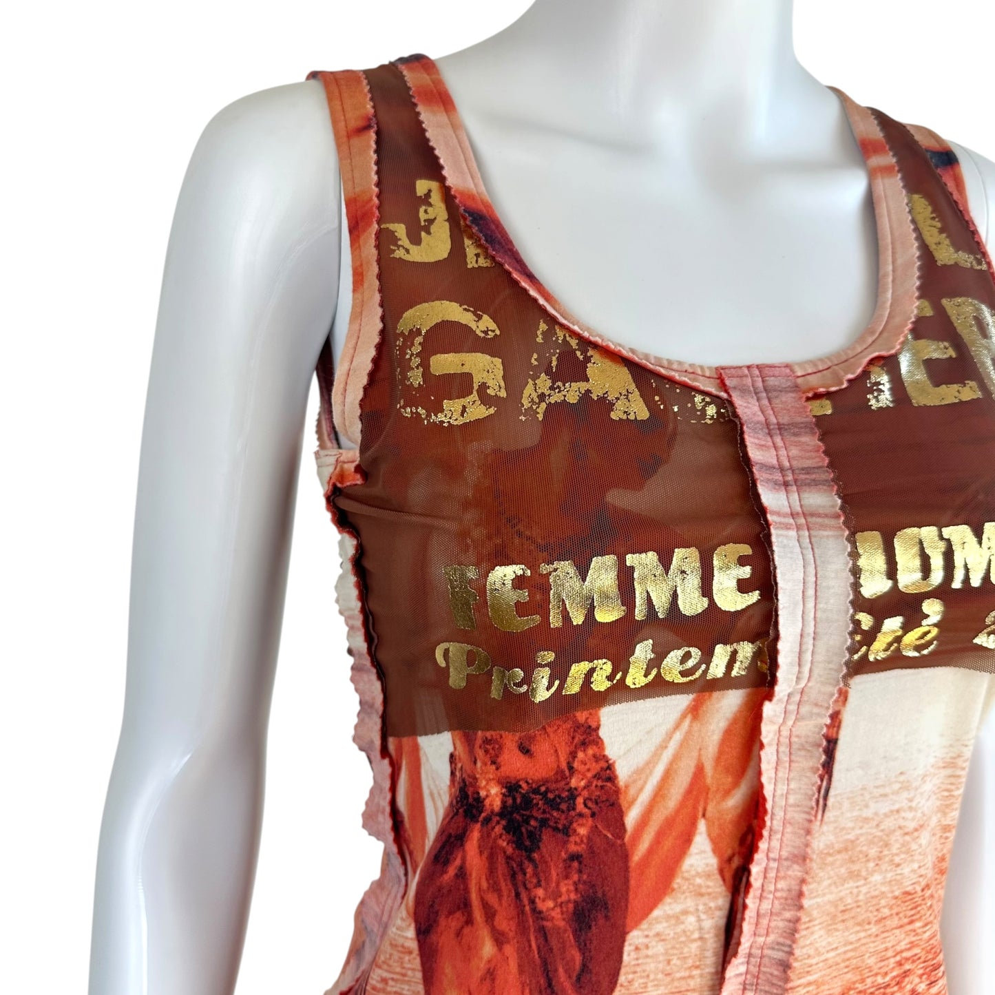 Jean Paul Gaultier Mesh Overlay Tank Orange Burgundy