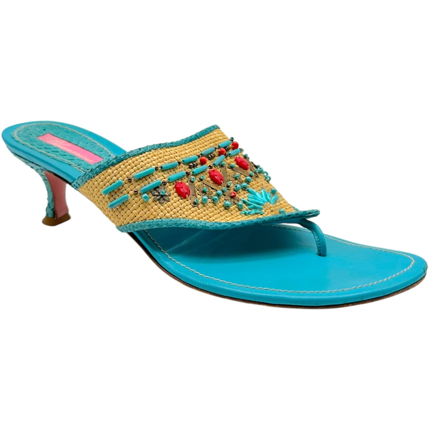 Blumarine Multicolor Beaded Raffia Kitten Heel Flip Flops