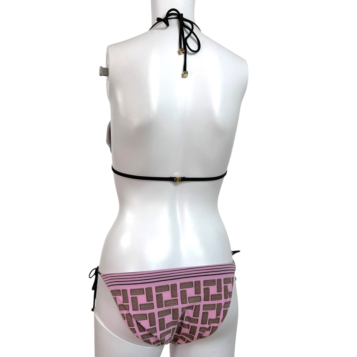 Louis Vuitton Pink & Brown Trunk Print Triangle Tie Bikini Set